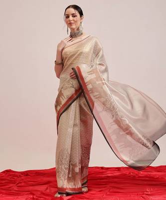 Beige printed silk cotton ethnic saree with blouse piece 2