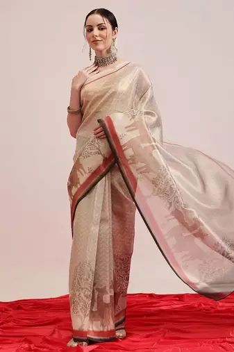 Beige printed silk cotton ethnic saree with blouse piece
