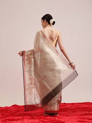 Beige printed silk cotton ethnic saree with blouse piece 3