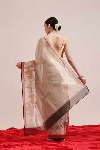 Beige printed silk cotton ethnic saree with blouse piece