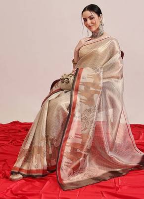 Beige printed silk cotton ethnic saree with blouse piece 4