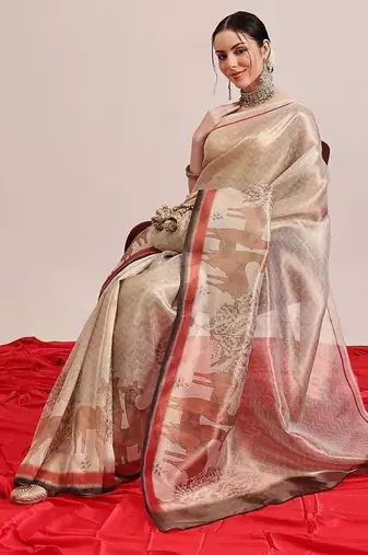 Beige printed silk cotton ethnic saree with blouse piece