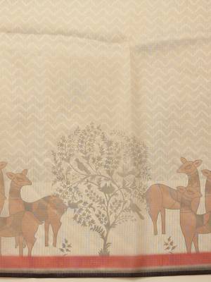 Beige printed silk cotton ethnic saree with blouse piece 5