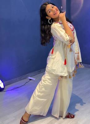 off white pure khadi cotton ethnic wear set with embroidery sequence work with real mirror work - designer party wear 3