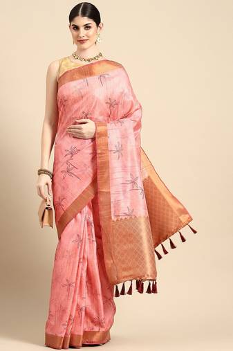 Pink printed cotton blend ethnic saree with blouse piece