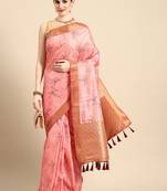 Pink printed cotton blend ethnic saree with blouse piece