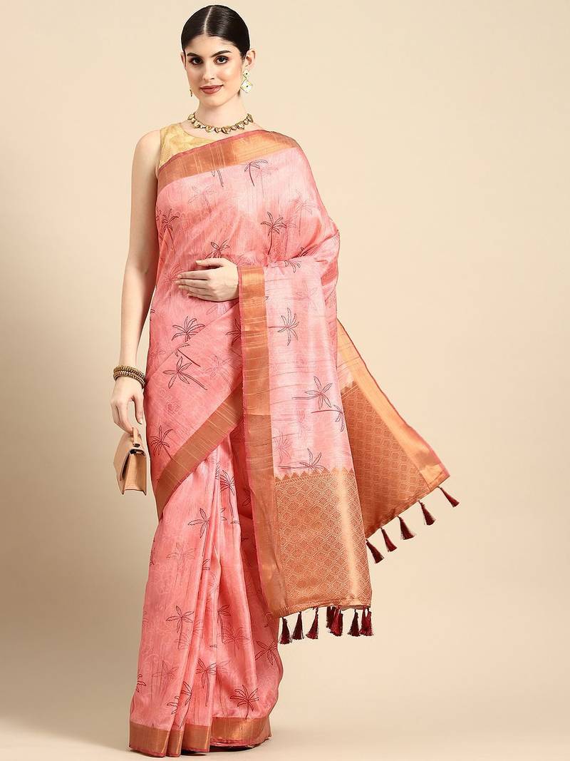 Pink printed cotton blend ethnic saree with blouse piece
