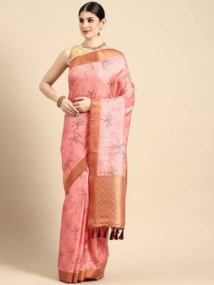 Pink printed cotton blend ethnic saree with blouse piece 2