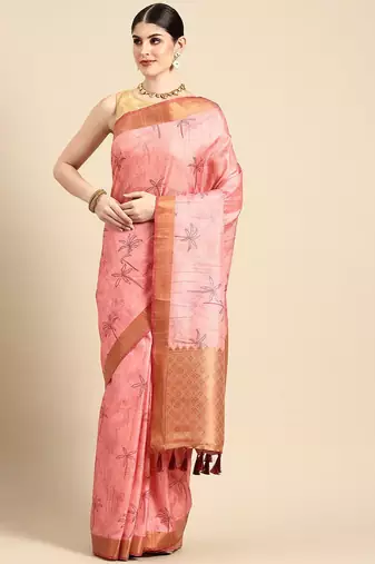 Pink printed cotton blend ethnic saree with blouse piece