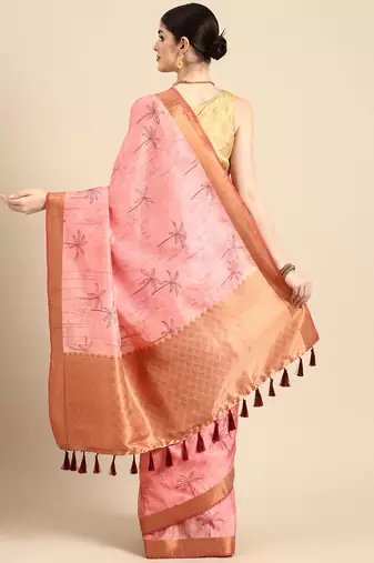 Pink printed cotton blend ethnic saree with blouse piece