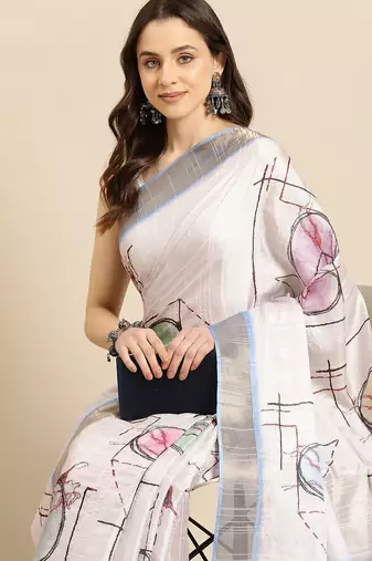 White printed silk blend ethnic saree with blouse piece