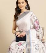 White printed silk blend ethnic saree with blouse piece