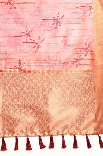 Pink printed cotton blend ethnic saree with blouse piece