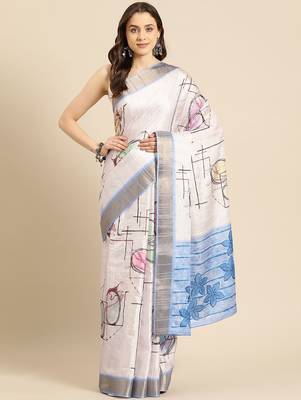 White printed silk blend ethnic saree with blouse piece 2