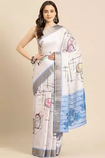 White printed silk blend ethnic saree with blouse piece