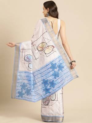 White printed silk blend ethnic saree with blouse piece 3