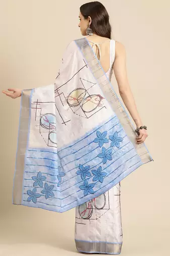 White printed silk blend ethnic saree with blouse piece
