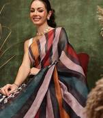 Black printed silk cotton ethnic saree with blouse piece