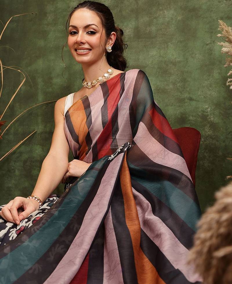 Black printed silk cotton ethnic saree with blouse piece