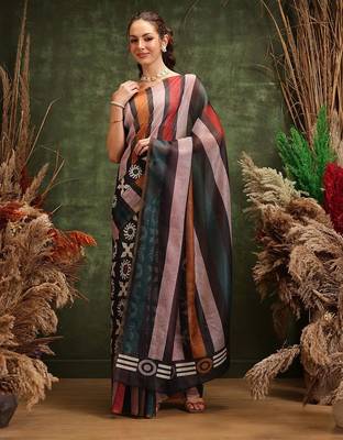 Black printed silk cotton ethnic saree with blouse piece 2