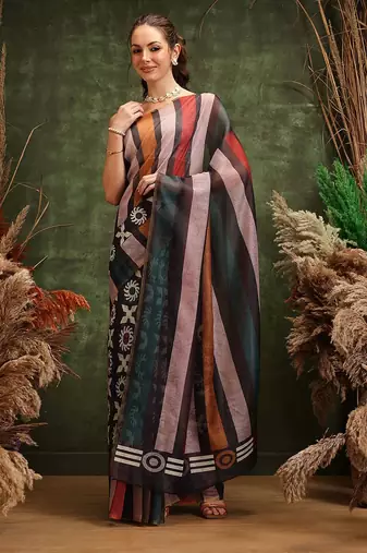 Black printed silk cotton ethnic saree with blouse piece