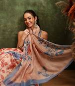 Beige printed cotton blend ethnic saree with blouse piece