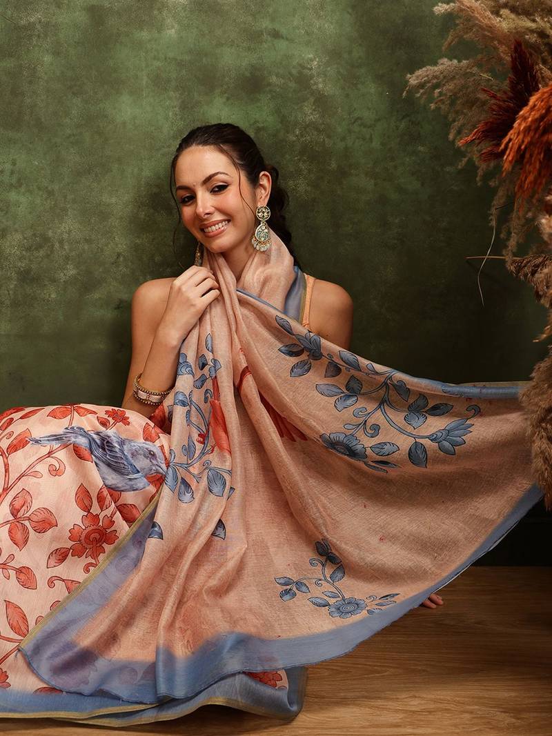 Beige printed cotton blend ethnic saree with blouse piece