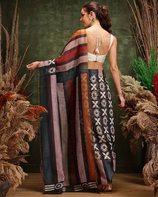 Black printed silk cotton ethnic saree with blouse piece 3