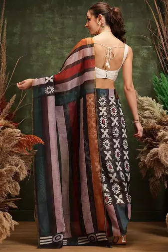 Black printed silk cotton ethnic saree with blouse piece