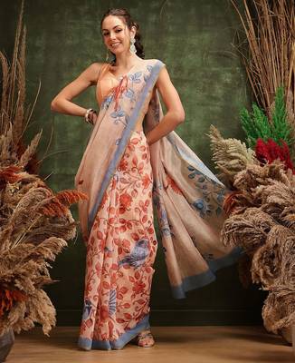 Beige printed cotton blend ethnic saree with blouse piece 2
