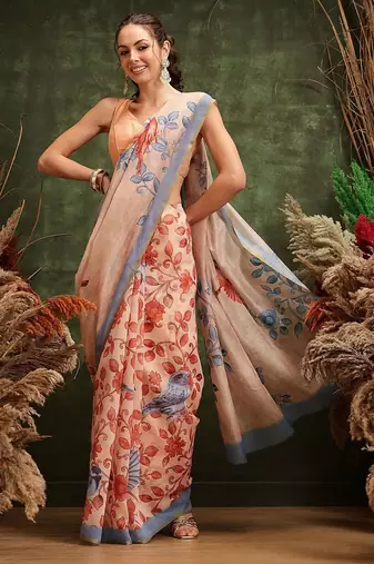 Beige printed cotton blend ethnic saree with blouse piece