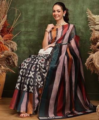 Black printed silk cotton ethnic saree with blouse piece 4