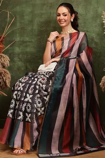 Black printed silk cotton ethnic saree with blouse piece