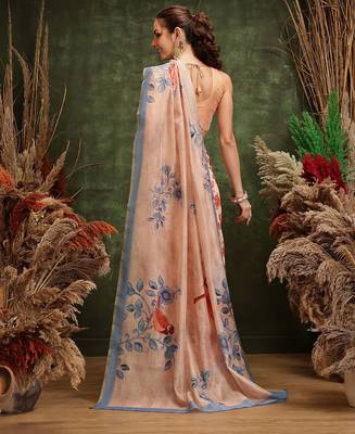 Beige printed cotton blend ethnic saree with blouse piece 3