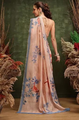 Beige printed cotton blend ethnic saree with blouse piece