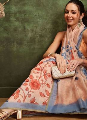 Beige printed cotton blend ethnic saree with blouse piece 4