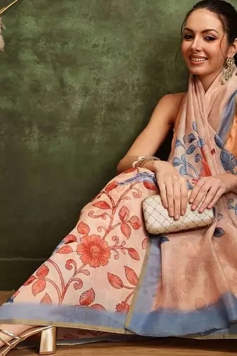 Beige printed cotton blend ethnic saree with blouse piece