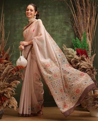 Peach printed cotton blend ethnic saree with blouse piece 1
