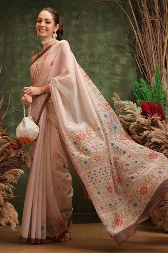 Peach printed cotton blend ethnic saree with blouse piece
