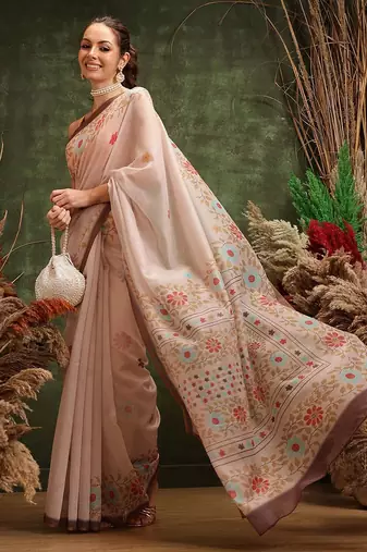 Peach printed cotton blend ethnic saree with blouse piece