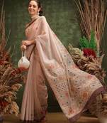 Peach printed cotton blend ethnic saree with blouse piece
