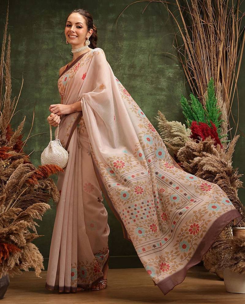 Peach printed cotton blend ethnic saree with blouse piece