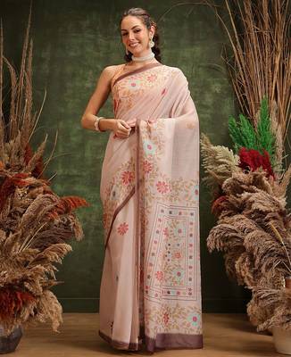Peach printed cotton blend ethnic saree with blouse piece 2