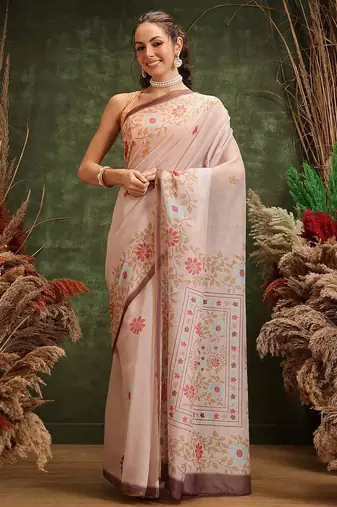 Peach printed cotton blend ethnic saree with blouse piece
