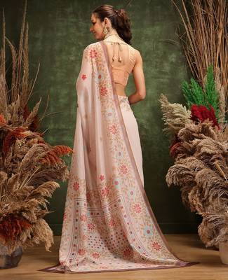Peach printed cotton blend ethnic saree with blouse piece 3