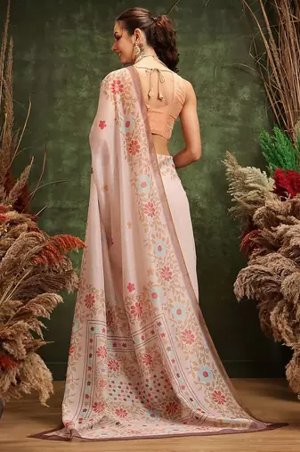 Peach printed cotton blend ethnic saree with blouse piece