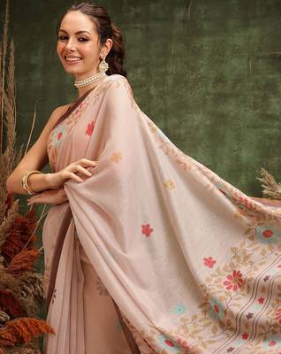 Peach printed cotton blend ethnic saree with blouse piece 4