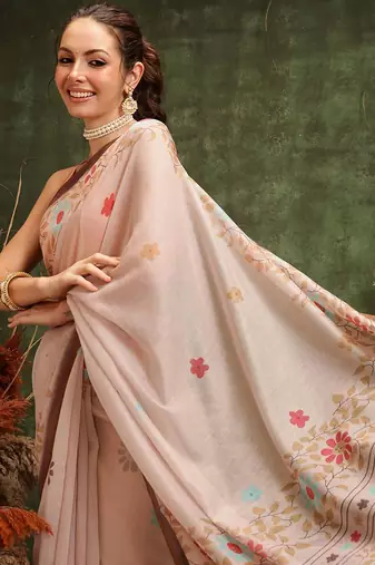 Peach printed cotton blend ethnic saree with blouse piece