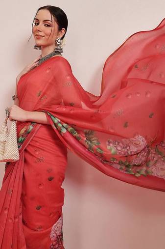 Red printed cotton blend ethnic saree with blouse piece