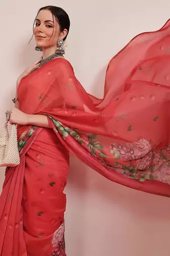 Red printed cotton blend ethnic saree with blouse piece